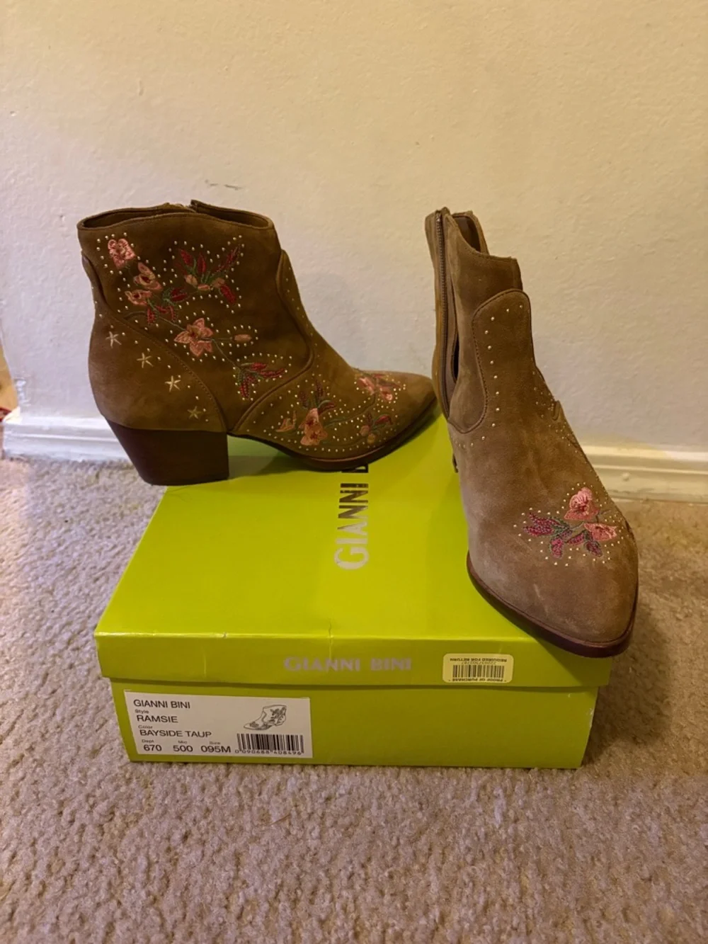 Gianni Bini Taupe Suede Embroidered Floral Ankle Booties - Picture 2 of 4